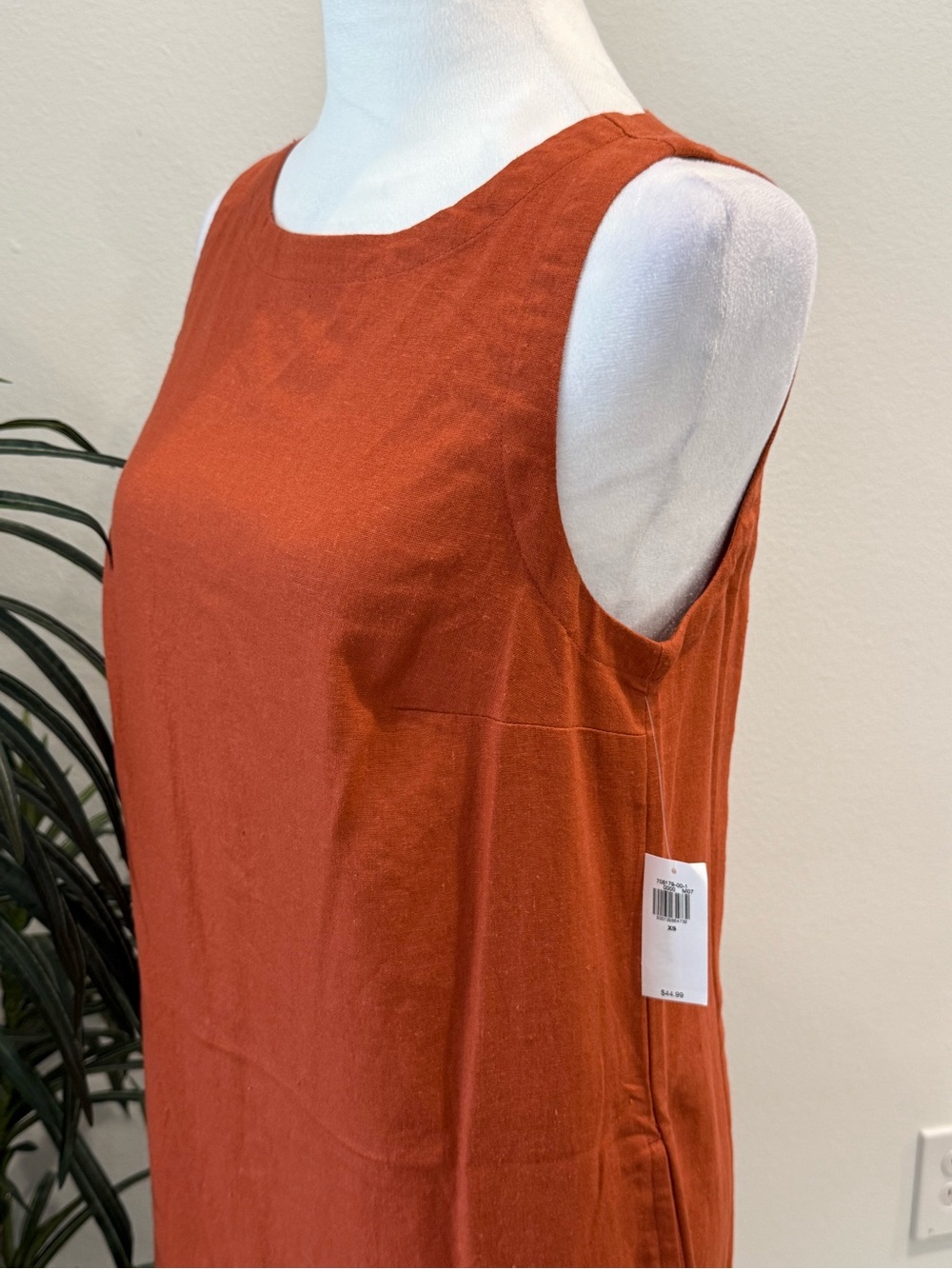 Old Navy Printed Linen-Blend Mini Shift Dress Rust Color Crew Neck Loose - Picture 4 of 14